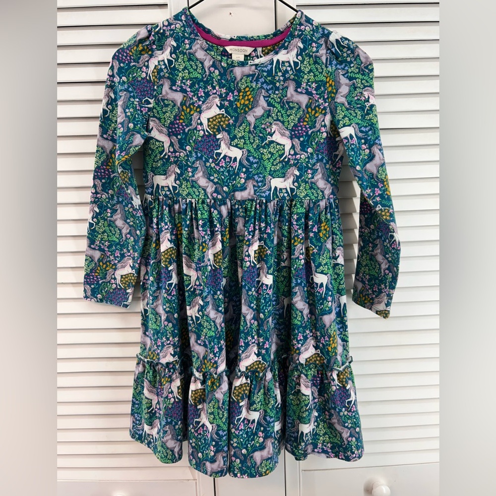 Monsoon size 9-10 Enchanted Unicorn long sleeve Dress in Blue and Green